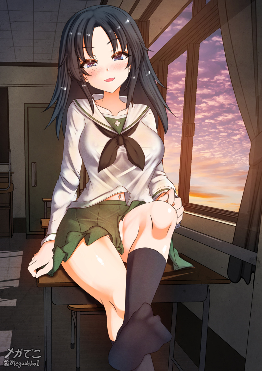 1girl aquaegg black_hair black_legwear blue_eyes blush breasts classroom cloud cloudy_sky collarbone commentary_request covered_nipples desk eyebrows_visible_through_hair feet freckles girls_und_panzer green_skirt highres indoors large_breasts long_hair looking_at_viewer navel no_panties on_desk ooarai_school_uniform open_mouth pleated_skirt school_uniform shiny shiny_hair shiny_skin skirt sky smile socks solo yamagou_ayumi