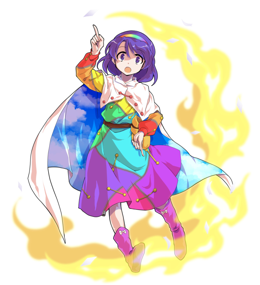 1girl alphes_(style) arm_up bag bangs belt blue_dress blue_hairband blue_sky boots bow brown_belt cloak cloud cloudy_sky collar dairi dress eyebrows_visible_through_hair fire full_body green_dress green_hairband hair_between_eyes hairband hand_up highres long_sleeves looking_at_viewer multicolored_clothes multicolored_dress multicolored_hairband open_mouth orange_dress orange_sleeves parody pink_bow pink_dress pink_footwear purple_dress purple_eyes purple_hair purple_hairband red_dress red_sleeves short_hair sky sky_print solo standing style_parody tachi-e tenkyuu_chimata touhou transparent_background white_cloak white_collar yellow_bag yellow_dress yellow_hairband yellow_sleeves