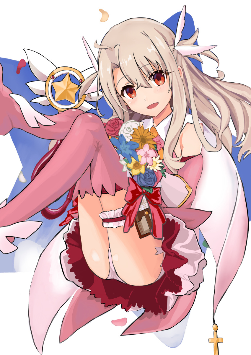 1girl absurdres ascot ass bangs bare_shoulders blush boots bouquet breasts cape card_holster commentary dress elbow_gloves fate/kaleid_liner_prisma_illya fate_(series) feather_hair_ornament feathers flower gloves hair_between_eyes hair_ornament highres illyasviel_von_einzbern kaleidostick kebab_(blackdoll) layered_gloves long_hair looking_at_viewer magical_ruby open_mouth panties pink_dress pink_footwear pink_gloves prisma_illya red_eyes sidelocks skirt small_breasts smile thigh_boots thighhighs two_side_up underwear wand white_cape white_gloves white_hair white_panties white_skirt yellow_ascot