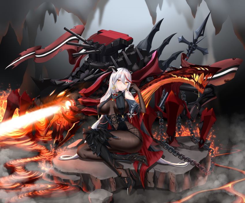 1girl absurdres aegir_(azur_lane) asymmetrical_footwear azur_lane black_cape black_gloves black_skirt bodystocking boots breast_curtains breasts cape cave chain cross cross-laced_clothes cross_earrings demon_horns earrings elbow_gloves fire full_body gloves high_heels highres horns impossible_clothes iron_cross jewelry knee_boots large_breasts long_hair looking_at_viewer mechanical_animal microskirt molten_rock multicolored_hair outdoors red_hair rigging single_knee_boot sitting skirt sleeves solo streaked_hair underbust uneven_footwear very_long_hair white_hair xingyuuyuedeqinghua yellow_eyes