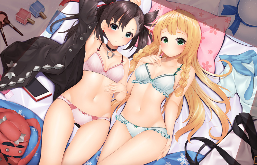 2girls ass_visible_through_thighs asymmetrical_hair bangs bed_sheet black_choker black_hair black_jacket black_legwear blonde_hair blue_eyes blue_sailor_collar bow bow_bra bow_panties bra braid breasts cellphone choker closed_mouth collarbone commentary_request dress dress_removed earrings eyebrows_visible_through_hair frilled_bra frilled_panties frills green_bra green_eyes green_panties groin hair_between_eyes hat hat_removed headwear_removed highres jacket jewelry lillie_(pokemon) long_hair lying marnie_(pokemon) md5_mismatch minato_ojitan multiple_girls nail_polish_bottle navel on_back open_clothes open_jacket panties pantyhose pantyhose_removed phone pillow pokemon pokemon_(game) pokemon_sm pokemon_swsh sailor_collar sailor_dress small_breasts thigh_gap twintails underwear underwear_only very_long_hair white_bra white_dress white_headwear white_panties