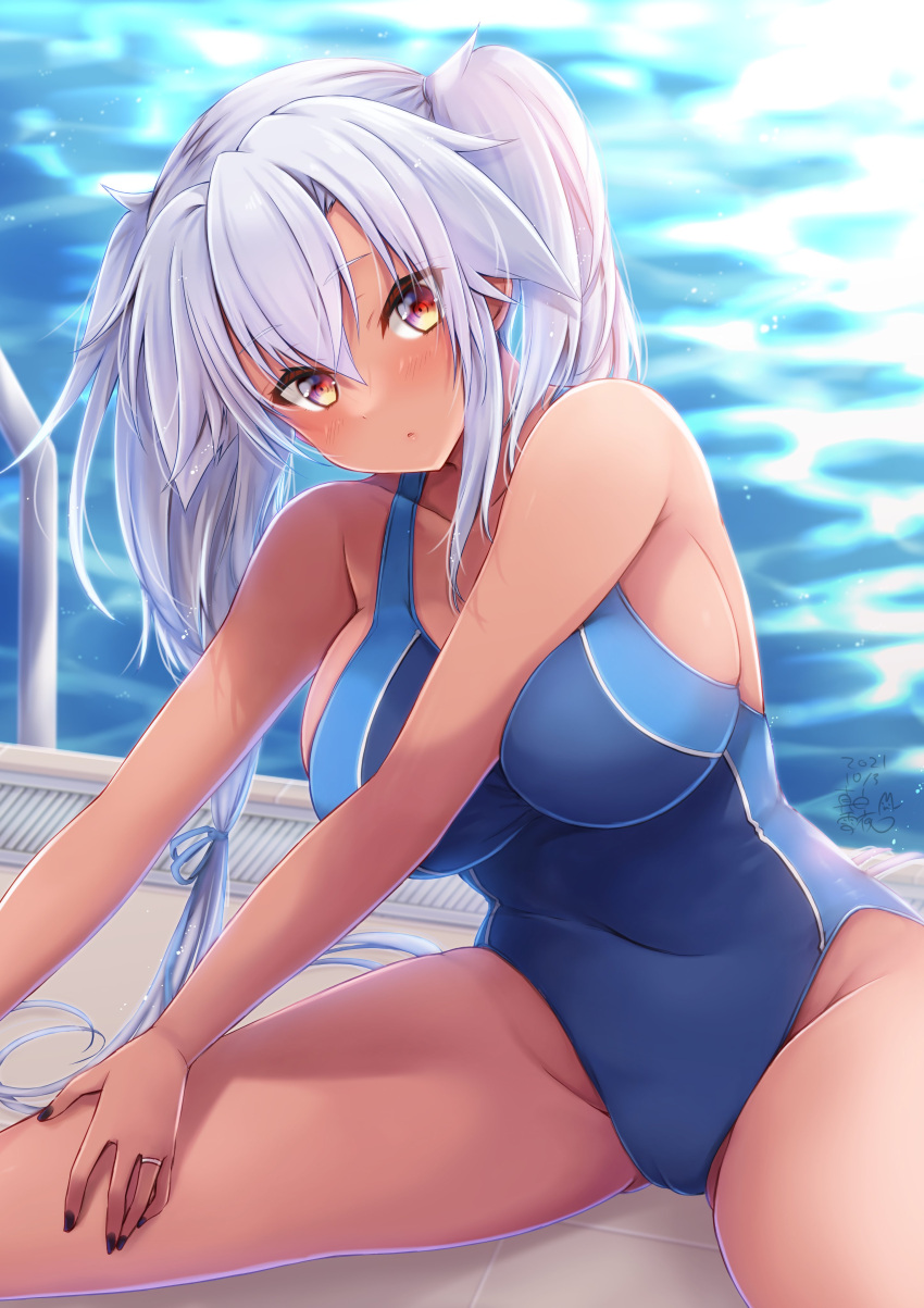 1girl absurdres alternate_costume bangs black_nails blue_swimsuit blush breast_press breasts collarbone competition_swimsuit dark-skinned_female dark_skin exercise grey_hair hair_between_eyes highleg highleg_swimsuit highres jewelry kantai_collection large_breasts long_hair looking_at_viewer mashiro_yukiya musashi_(kancolle) one-piece_swimsuit pool pool_ladder poolside red_eyes remodel_(kantai_collection) ring sitting solo swimsuit twintails very_long_hair wedding_band