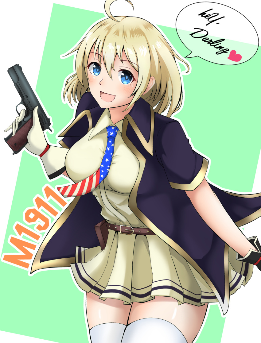 1girl absurdres ammunition_belt blonde_hair blue_eyes blue_jacket blush character_name core1013 dress english_text eyebrows_visible_through_hair feet_out_of_frame girls'_frontline gloves gun handgun highres holding holding_gun holding_weapon jacket m1911 m1911_(girls'_frontline) medium_hair open_clothes open_jacket open_mouth simple_background smile solo standing thighhighs weapon white_gloves white_legwear