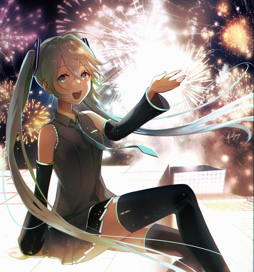 1girl :d antenna_hair aqua_eyes aqua_necktie backlighting bangs bare_shoulders chromatic_aberration commentary crossed_legs detached_sleeves eyebrows_visible_through_hair fireworks hair_between_eyes hair_ornament hand_up hatsune_miku highres killy_doodle lights long_hair multicolored_eyes necktie open_mouth sidelocks sitting smile solo teeth thighhighs thighs tongue twintails upper_teeth vocaloid wide_sleeves