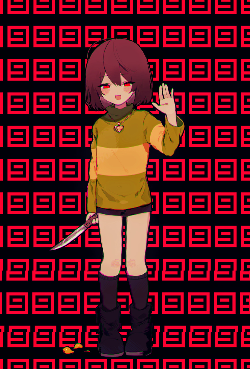 1other :d ahoge bangs black_legwear blush boots brown_footwear brown_hair brown_shorts chara_(undertale) commentary_request full_body green_sweater heart heart_necklace highres long_sleeves looking_at_viewer open_mouth red_eyes short_hair shorts smile socks solo sweater undertale waving y_o_u_k_a