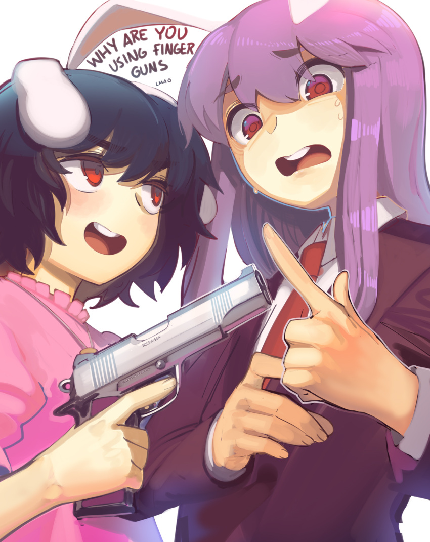2girls :d animal_ears artist_name bangs black_hair black_jacket blush boa_(brianoa) carrot_necklace commentary dress english_commentary english_text eyebrows_visible_through_hair finger_gun flat_chest floppy_ears frills gun hair_between_eyes handgun highres holding holding_gun holding_weapon inaba_tewi jacket long_sleeves looking_at_another multiple_girls necktie nervous open_mouth outline pink_dress pistol purple_hair rabbit_ears red_eyes red_necktie reisen_udongein_inaba round_teeth sanpaku scared short_hair simple_background smile sweat teeth touhou trigger_discipline upper_body upper_teeth weapon white_background white_outline wing_collar