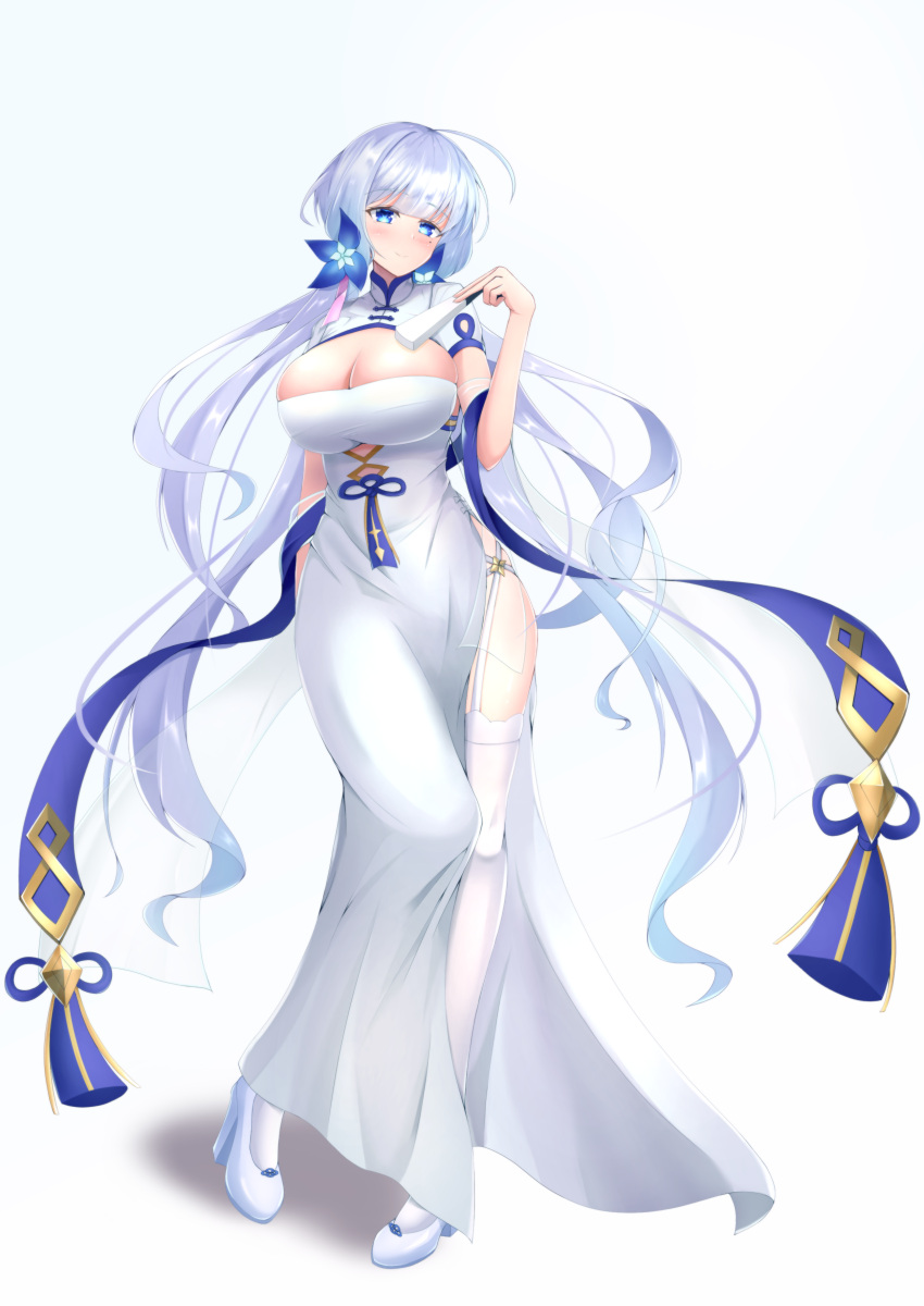 1girl absurdres azur_lane blue_eyes breasts bursting_breasts cela_f china_dress chinese_clothes cleavage_cutout clothing_cutout cutout_above_navel dress eyebrows_visible_through_hair folding_fan full_body garter_straps hand_fan high_heels highres holding holding_fan illustrious_(azur_lane) illustrious_(maiden_lily's_radiance)_(azur_lane) long_hair mole mole_under_eye official_alternate_costume short_sleeves side_slit simple_background solo thighhighs tri_tails very_long_hair white_background white_dress white_footwear white_hair white_legwear