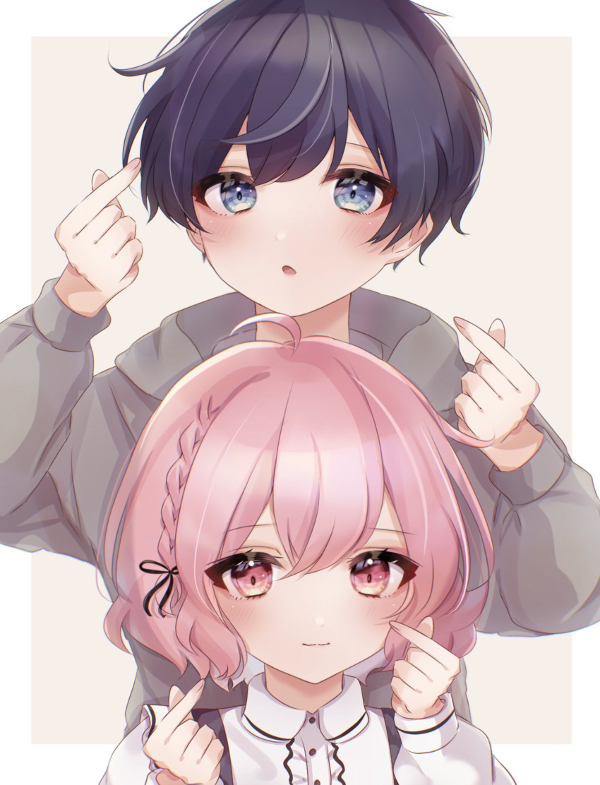 1boy 1girl black_hair blue_eyes blue_hair bow bowtie dress grey_hoodie highres hood hoodie long_sleeves looking_at_viewer niconico nqrse open_mouth piinachu pink_eyes pink_hair ribbon short_hair simple_background smile soraru utaite_(singer) white_background