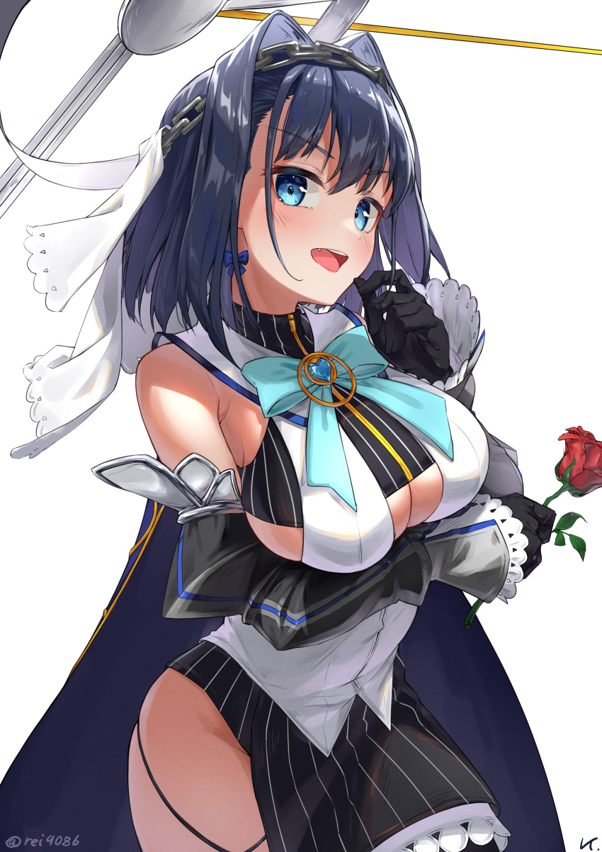 1girl absurdres arm_under_breasts black_gloves blue_cape blue_eyes blue_hair blush bow bowtie breasts cape cleavage cleavage_cutout clock_hands clothing_cutout detached_sleeves fang flower gloves hair_intakes hand_up head_chain highres holding holding_flower hololive hololive_english large_breasts mechanical_arms miniskirt open_mouth ouro_kronii red_flower red_rose rei_(9086) ribbon ribbon_earrings rose short_hair skirt solo teeth upper_teeth veil virtual_youtuber