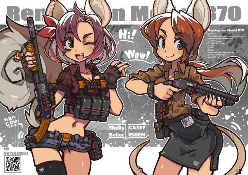 2girls animal_ears bangs belt brown_eyes brown_hair cowboy_shot english_text eyebrows_visible_through_hair fingerless_gloves gloves gun highres holding holding_gun holding_weapon long_hair looking_at_viewer midriff multiple_girls nancou_(nankou) navel one_eye_closed open_mouth original short_shorts shorts shotgun shotgun_shell single_thighhigh skirt tail thighhighs trigger_discipline weapon