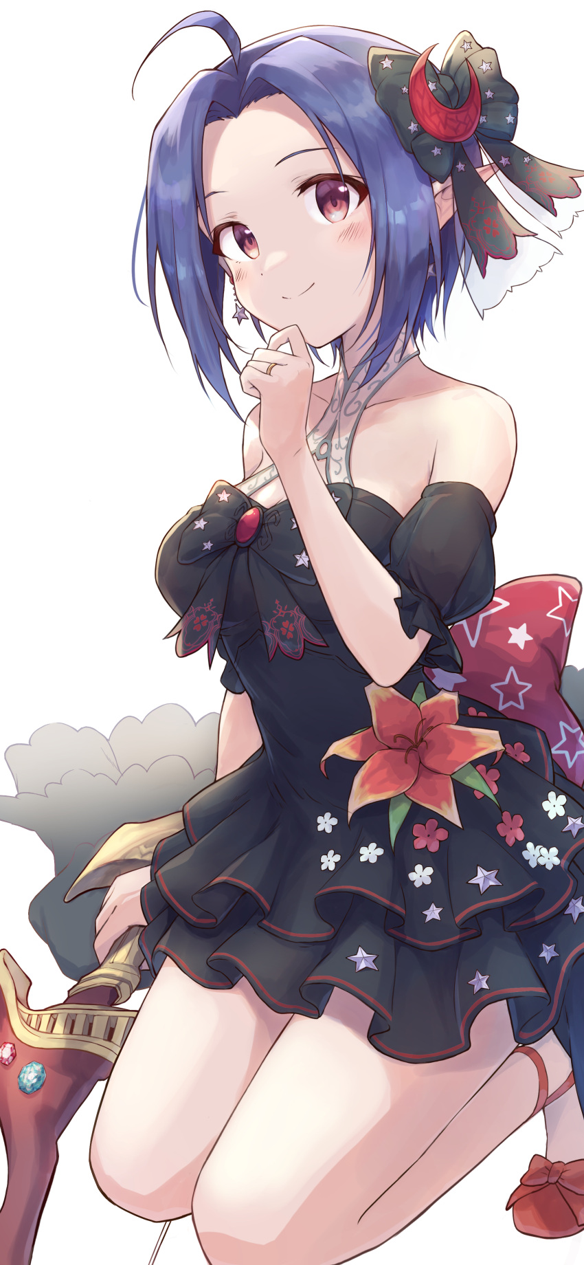 1girl absurdres ahoge arrow_(projectile) bare_legs black_dress blue_hair blush breasts cleavage cleavage_cutout clothing_cutout collarbone detached_sleeves dress earrings floral_print frilled_dress frills hand_on_own_chin highres idolmaster idolmaster_(classic) idolmaster_million_live! jewelry kneeling large_breasts layered_dress looking_at_viewer miura_azusa pointy_ears ring short_hair shuucream_(syuichi) simple_background sleeveless sleeveless_dress smile solo star_(symbol) star_earrings white_background