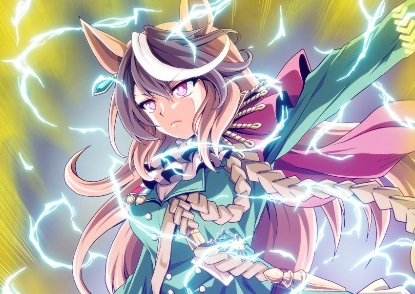 1girl aiguillette animal_ears ascot aura brown_hair closed_mouth commentary dragon_ball dragon_ball_z earrings electricity epaulettes frown green_jacket grey_ascot grey_neckwear highres horse_ears horse_girl jacket jewelry kamishima_kanon long_hair looking_to_the_side medal multicolored_hair outstretched_arm purple_eyes single_epaulette solo standing streaked_hair super_saiyan super_saiyan_2 symboli_rudolf_(umamusume) umamusume white_hair