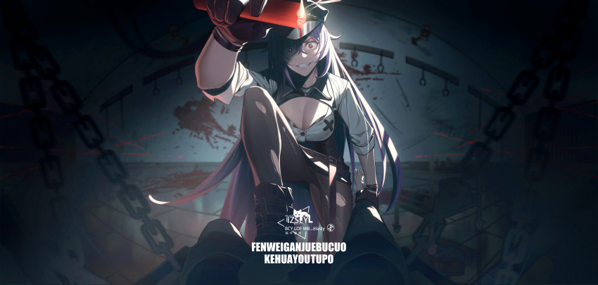 1girl absurdres artist_name azur_lane black_footwear black_gloves black_headwear black_legwear blood boots breasts candle chain chinese_commentary cleavage commentary_request eyebrows_visible_through_hair gangut_(azur_lane) gangut_(imposing_warden)_(azur_lane) gloves highres holding holding_candle holding_leg izsly long_hair looking_at_viewer medium_breasts official_alternate_costume pantyhose pov purple_hair red_eyes shadow smirk solo torture torture_instruments wax wax_play
