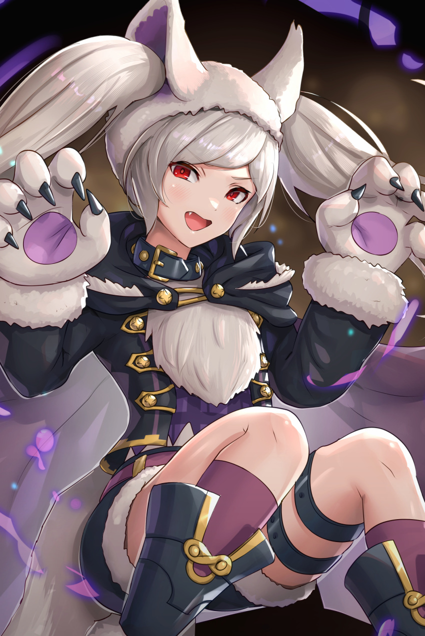 1girl alternate_costume animal_collar animal_ear_headwear black_coat boots cape claws coat collar commentary fang fire_emblem fire_emblem_awakening fire_emblem_heroes fur_trim gloves gonzarez grima_(fire_emblem) halloween halloween_costume highres looking_at_viewer official_alternate_costume purple_cape red_eyes robin_(fire_emblem) robin_(fire_emblem)_(female) shorts twintails white_hair wolf_girl