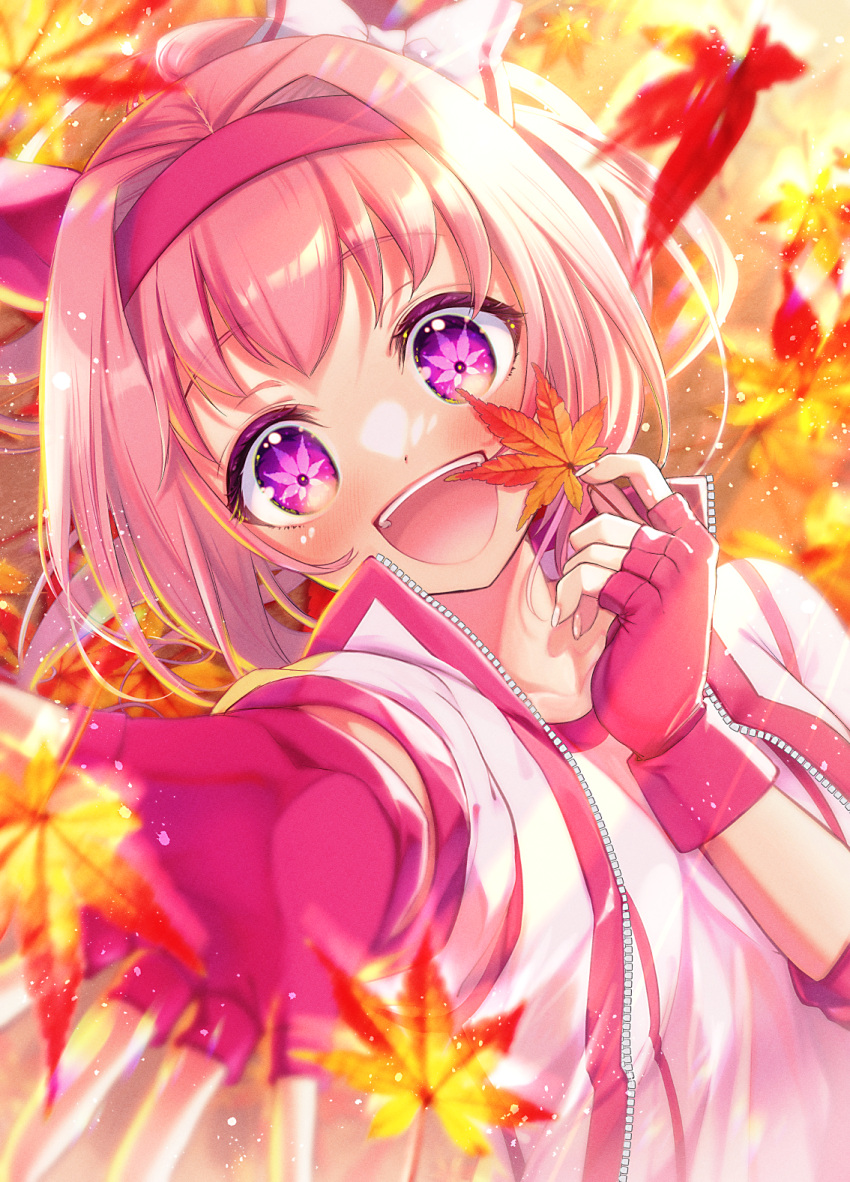 1girl animal_ears autumn_leaves bangs blush bow fingerless_gloves gloves gym_uniform hair_bow hair_intakes haru_urara_(umamusume) highres holding holding_leaf horse_ears horse_girl jacket leaf long_hair maple_leaf open_mouth pink_hair purple_eyes shirt solo symbol_in_eye tsurugi_hikaru umamusume upper_body white_shirt