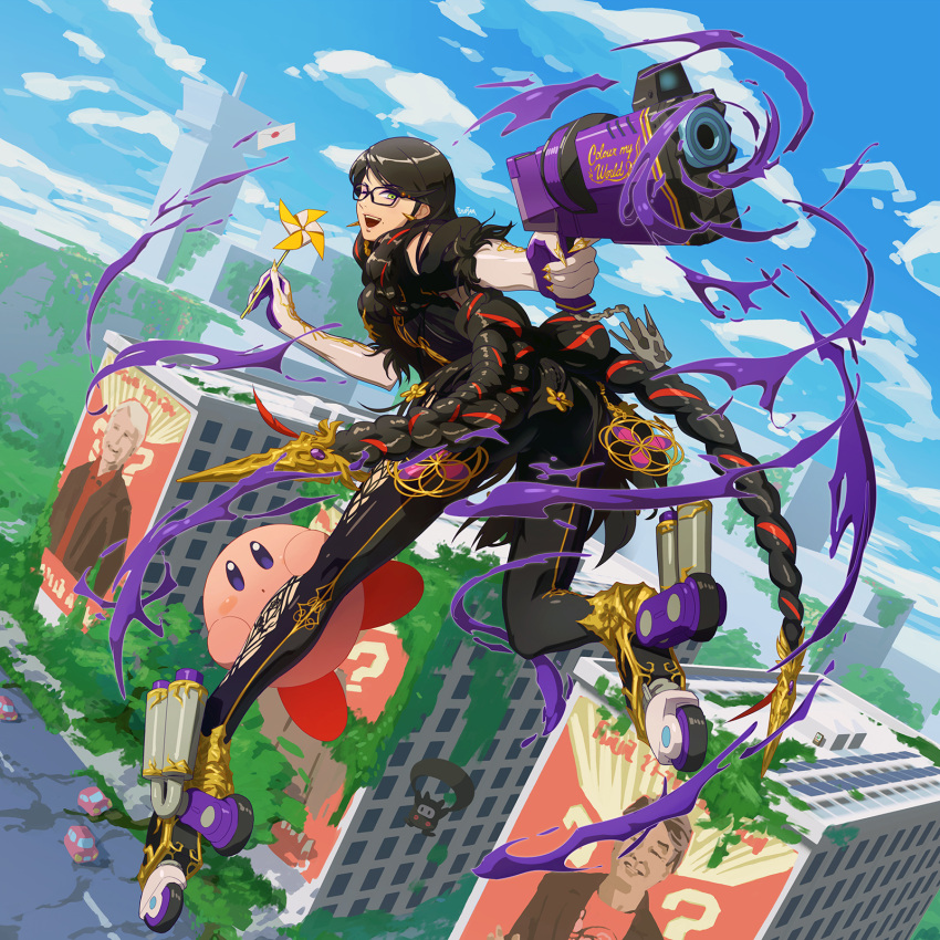 1girl ;d ?_block aiming aiming_at_viewer aura bayonetta bayonetta_(series) bayonetta_3 black-framed_eyewear blue_sky building car charles_martinet city cloud commentary company_connection crossover day english_commentary envelope glasses ground_vehicle gun handgun highres holding holding_gun holding_weapon kirby kirby_(series) kirby_and_the_forgotten_land leg_cling looking_at_viewer mario_(series) midair miyamoto_shigeru mole mole_under_mouth motor_vehicle multiple_crossover ninji_(mario) nintendo one_eye_closed open_mouth outdoors pinwheel poster_(object) real_life roller_skates ruins skates sky skyscraper smash_invitation smile stup-jam super_smash_bros. teeth upper_teeth weapon