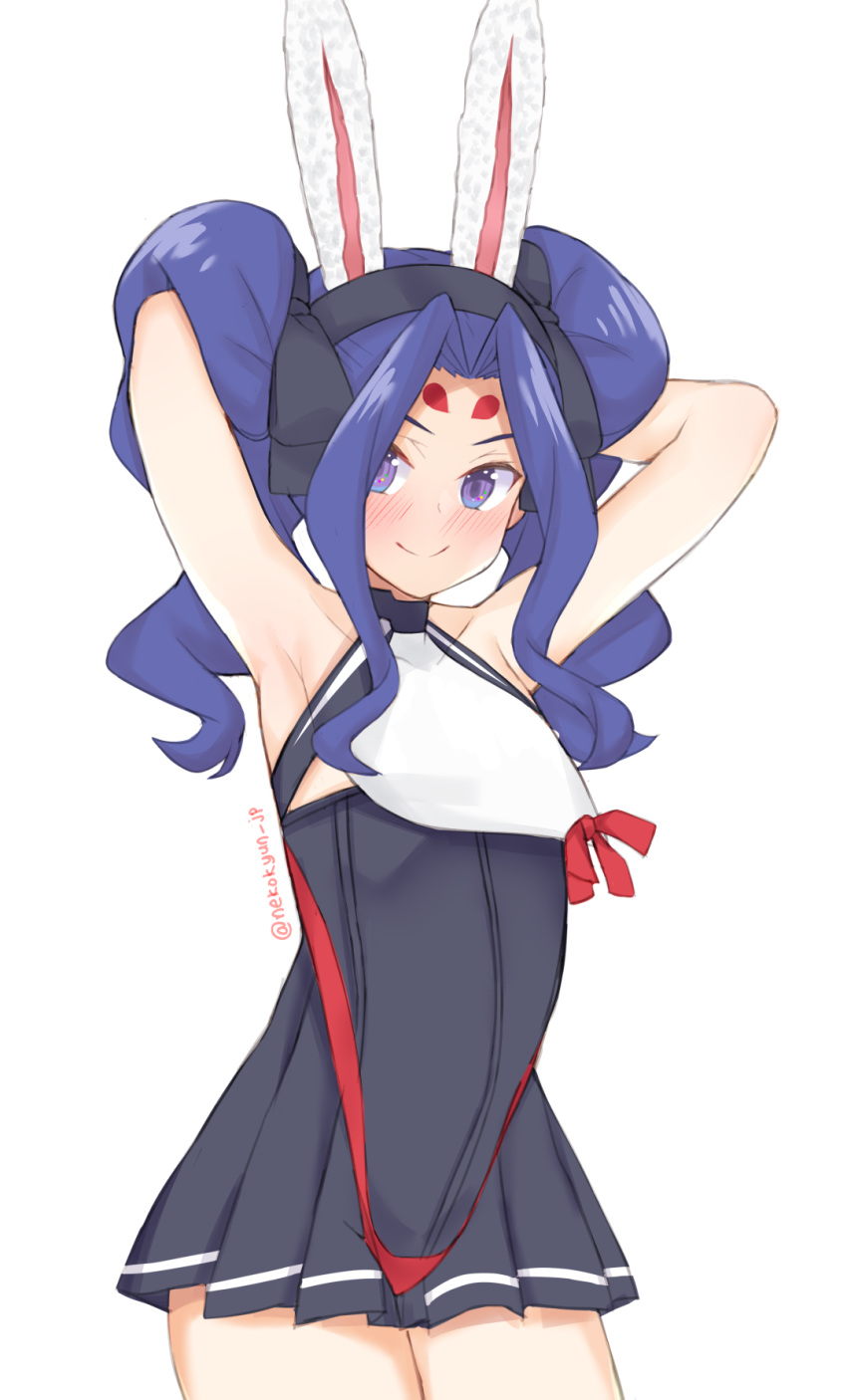 1girl animal_ears armpits arms_behind_head azur_lane bare_shoulders black_ribbon black_skirt blue_eyes blue_hair blue_ribbon blush cosplay facepaint hair_intakes hair_ribbon hairband halter_top halterneck high-waist_skirt highleg highleg_panties highres long_hair looking_at_viewer melty_q_melromarc miniskirt mixed-language_commentary nekokyun panties panties_over_clothes pleated_skirt rabbit_ears red_panties ribbon shimakaze_(azur_lane) shimakaze_(azur_lane)_(cosplay) sidelocks simple_background skirt sleeveless smile solo tate_no_yuusha_no_nariagari underwear white_background