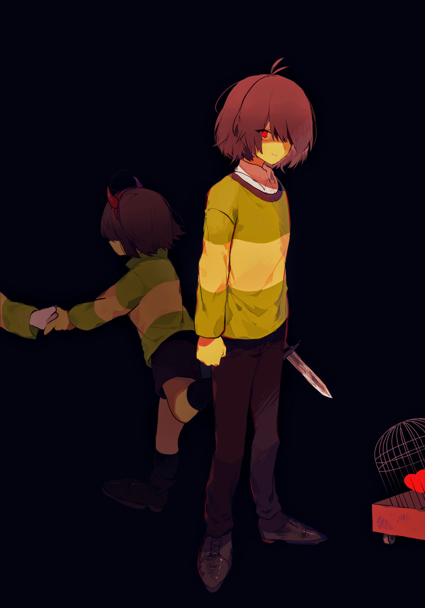 1boy 1other antenna_hair asriel_dreemurr bangs birdcage black_background black_footwear black_legwear brown_hair brown_pants brown_shorts cage colored_skin commentary_request deltarune fake_horns full_body green_sweater hair_over_one_eye headband heart highres holding holding_knife horned_headwear horns knife kris_(deltarune) looking_at_viewer pants red_eyes red_headband short_hair shorts smile socks sweater y_o_u_k_a yellow_skin