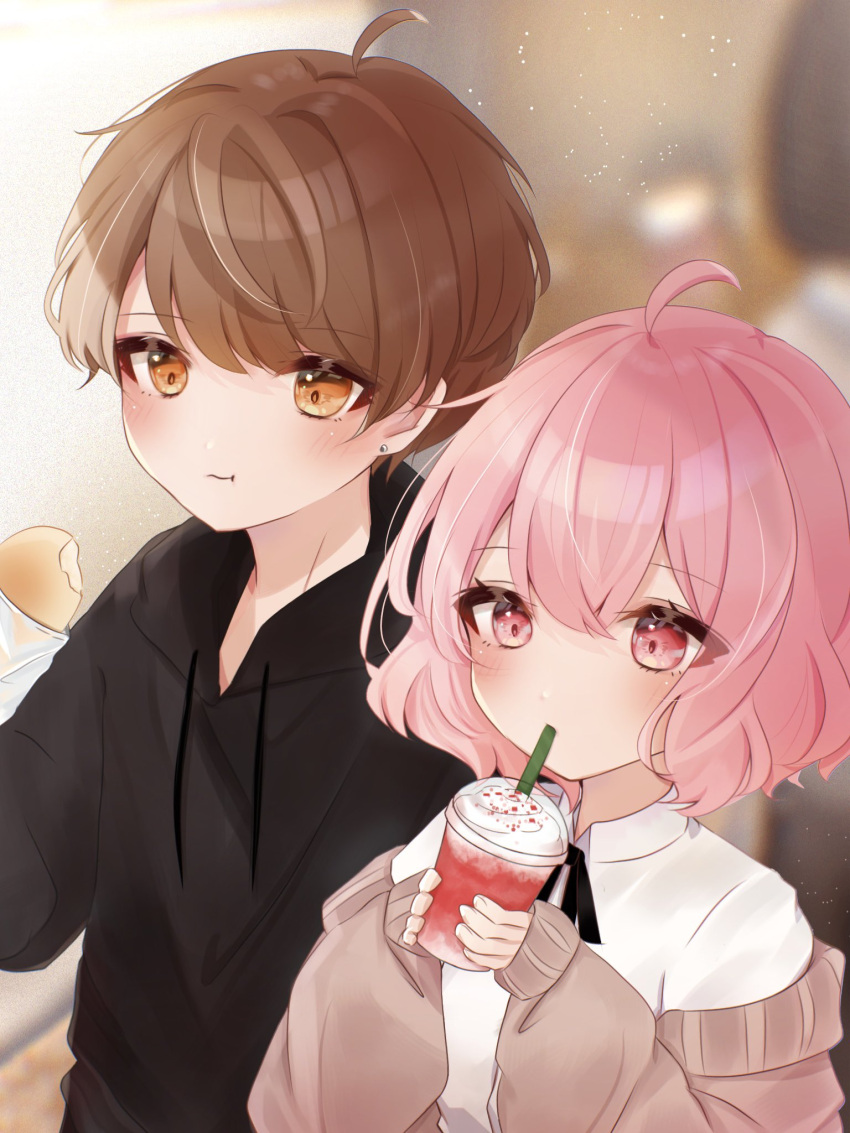 1boy 1girl black_hoodie bread brown_eyes brown_hair couple eating food fruit highres hood hoodie long_sleeves looking_at_viewer meychan_(niconico) niconico nqrse piinachu pink_eyes pink_hair shirt short_hair smile strawberry strawberry_slice upper_body utaite_(singer)