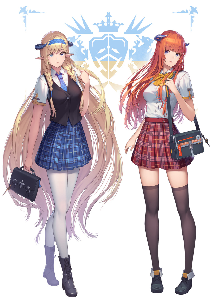 2girls alternate_costume ankle_boots arknights athrun1120 bag bagpipe_(arknights) bangs black_footwear black_vest blonde_hair blue_eyes blue_necktie blue_skirt blunt_bangs boots bow bowtie breasts closed_mouth collared_shirt commentary_request dragon_horns dress_shirt full_body highres horns kingdom_of_victoria_logo large_breasts long_hair looking_at_viewer miniskirt mixed-language_commentary multiple_girls necktie orange_hair pantyhose plaid plaid_skirt pleated_skirt pointy_ears purple_eyes red_skirt saileach_(arknights) school_briefcase school_uniform shirt short_sleeves shoulder_bag skirt smile standing thighhighs very_long_hair vest white_background white_legwear white_shirt yellow_bow zettai_ryouiki