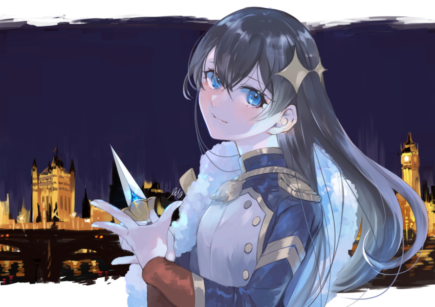1girl artist_name bangs black_hair blue_eyes blue_jacket bridge buttons city closed_mouth commentary_request crossed_bangs dagger elizabeth_tower epaulettes eyelashes fur-trimmed_jacket fur_trim gold_trim hair_between_eyes hair_ornament hands_up head_tilt high_collar holding holding_dagger holding_weapon jacket jacket_on_shoulders kagura_hikari knife letterboxed light_smile london long_hair long_sleeves looking_at_viewer madori_(sayuri5) night outdoors outside_border river shoujo_kageki_revue_starlight signature solo sparkle_hair_ornament tassel upper_body weapon westminster_bridge westminster_palace