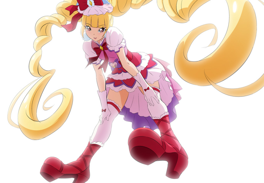 1girl aisaki_emiru bangs blonde_hair blunt_bangs boots cure_macherie dress eyebrows_visible_through_hair fuchi_(nightmare) gloves hugtto!_precure knee_boots long_hair looking_at_viewer looking_down pink_dress pink_footwear precure puffy_short_sleeves puffy_sleeves red_eyes short_sleeves simple_background smile solo thighhighs twintails very_long_hair white_background white_gloves white_legwear