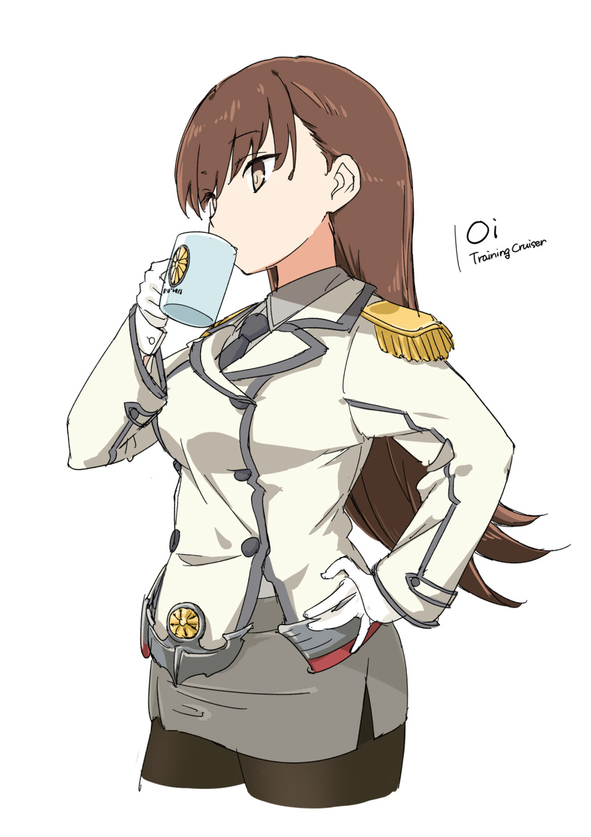 1girl aka_ringo black_legwear brown_eyes brown_hair buttons character_name collared_shirt commentary cosplay cropped_legs cup double-breasted drinking epaulettes grey_skirt hand_on_hip highres kantai_collection katori_(kancolle) katori_(kancolle)_(cosplay) kikumon long_hair military military_uniform mug necktie ooi_(kancolle) pantyhose pencil_skirt shirt simple_background skirt solo uniform white_background