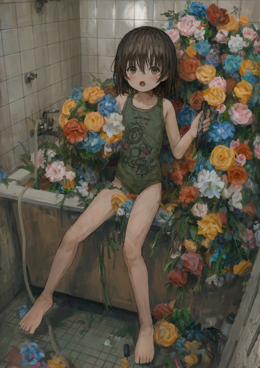 1girl absurdres barefoot bathtub blush brown_hair fang flower full_body green_leotard highres holding holding_flower holding_marker hose leotard looking_at_viewer marker medium_hair open_mouth original shion_(mirudakemann) sitting solo tile_floor tiles yellow_eyes