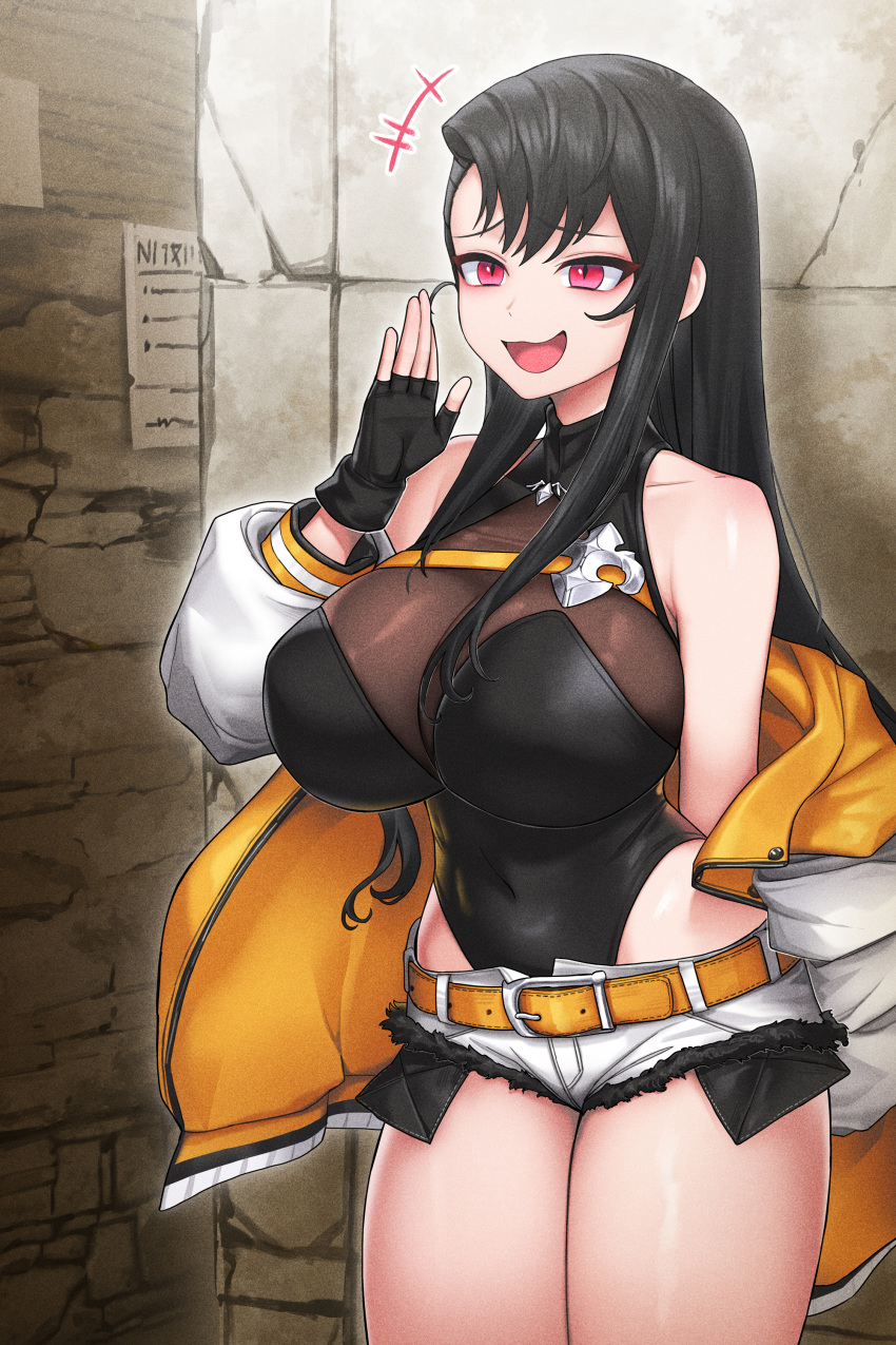 1girl :d absurdres belt black_gloves black_hair breasts cain_(gunnermul) covered_navel fingerless_gloves gloves highres jacket korean_commentary large_breasts leotard leotard_under_clothes long_hair off_shoulder open_mouth original purple_eyes shorts smile solo