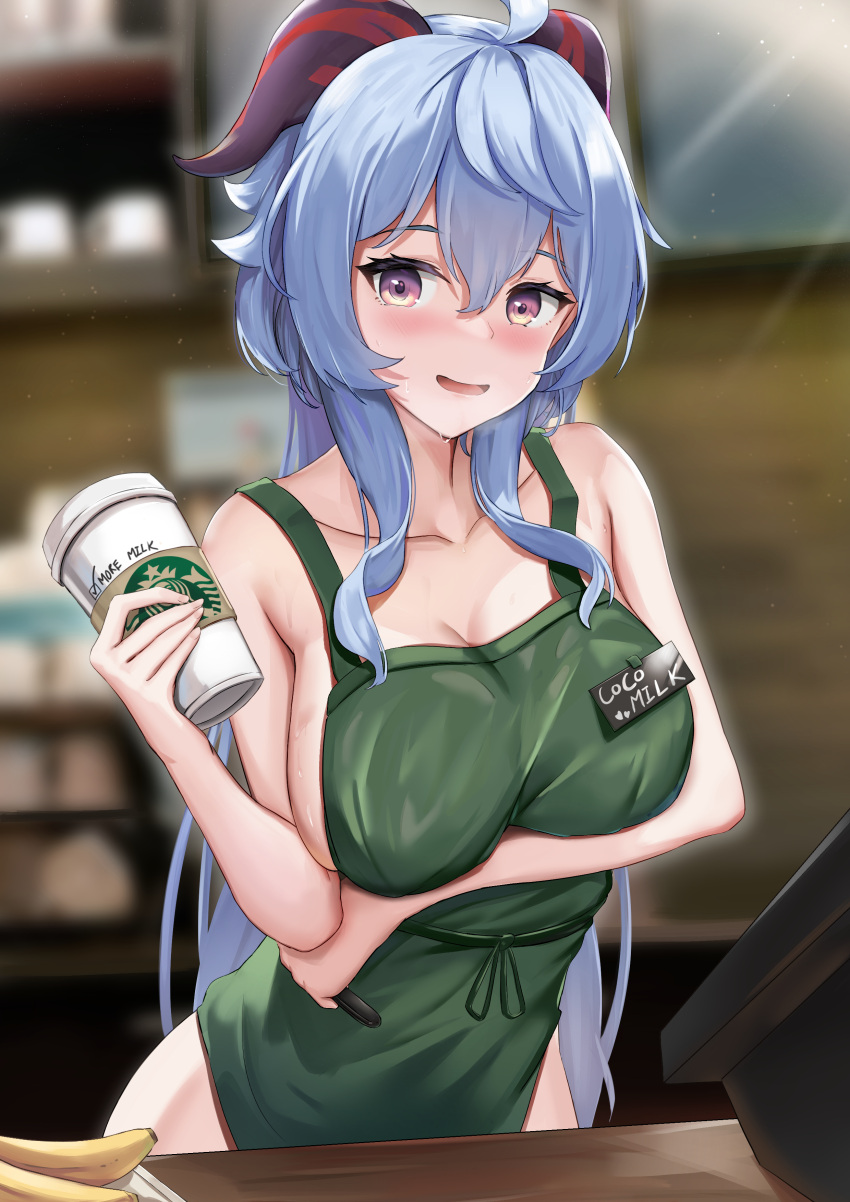 1girl absurdres ahoge apron bangs bare_shoulders barista blue_hair blush breasts cleavage collarbone commentary cup disposable_cup english_commentary ganyu_(genshin_impact) genshin_impact green_apron highres horns iced_latte_with_breast_milk_(meme) large_breasts long_hair looking_at_viewer meme naked_apron open_mouth purple_eyes skai_kun smile solo