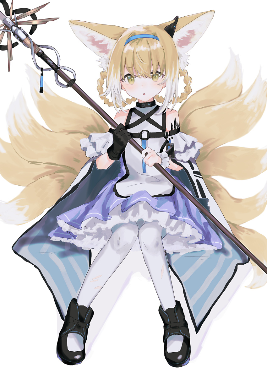 1girl :o absurdres animal_ears arknights black_footwear blonde_hair blue_hairband braid commentary dress earpiece eyebrows_visible_through_hair fox_ears fox_girl fox_tail full_body green_eyes hairband highres kitsune kohaku_sogo kyuubi looking_at_viewer multicolored_hair multiple_tails oripathy_lesion_(arknights) pantyhose parted_lips purple_dress shoes short_hair simple_background sitting solo straight-on streaked_hair suzuran_(arknights) tail white_background white_hair white_legwear