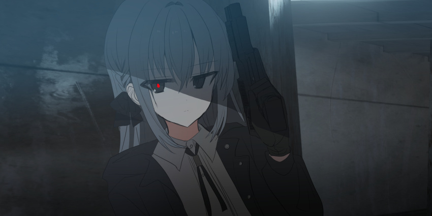 1girl absurdres bangs black_bow black_gloves black_jacket bow braid chihuri closed_mouth collared_shirt commentary dress_shirt eve_(chihuri) eyebrows_visible_through_hair gloves grey_eyes grey_hair grey_shirt gun hair_between_eyes hair_bow hand_up handgun highres holding holding_gun holding_weapon hood hood_down hooded_jacket jacket long_hair long_sleeves looking_at_viewer open_clothes open_jacket original pistol shirt solo symbol-only_commentary upper_body weapon weapon_request