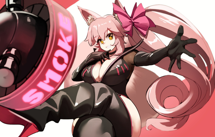 1girl absurdres animal_ear_fluff animal_ears bangs black_bodysuit bodysuit bow breasts center_opening choker cleavage fate/grand_order fate_(series) fox_ears fox_girl fox_tail grin hair_between_eyes hair_bow high_heels highres hip_vent koyanskaya_(fate) large_breasts long_hair looking_at_viewer naze pink_bow pink_hair ponytail sidelocks smile smoke_grenade solo tail tamamo_(fate) yellow_eyes
