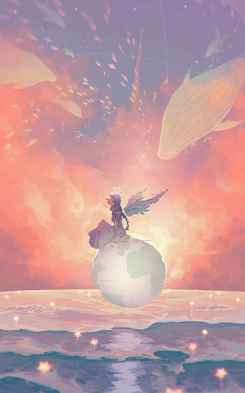 1girl absurdres angel angel_wings arms_at_sides bangs blue_hair braid cigarette cloud cloudy_sky commentary_request detached_sleeves dress facing_away fish flying_fish flying_whale globe grey_dress halo highres horizon lazool_721 ocean original outdoors scenery sitting sky solo star_(symbol) sunset water whale white_dress wide_shot wings