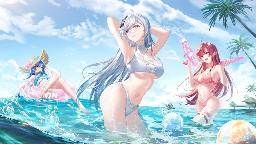 3girls :d absurdres ahoge arms_behind_head arms_up ball bangs beachball bikini blue_bikini blue_hair blue_ribbon blue_sky breasts brown_eyes cleavage cloud day eyebrows_visible_through_hair flower hair_between_eyes halterneck hat hat_flower hat_ribbon headgear highres innertube junpaku_karen large_breasts long_hair looking_at_viewer multiple_girls navel ocean open_mouth original outdoors palm_tree pink_bikini pink_flower purple_eyes red_hair ribbon silver_hair sky smile straw_hat summer sun_hat swept_bangs swimsuit thigh_strap tree underboob very_long_hair wading water_gun white_bikini yellow_headwear