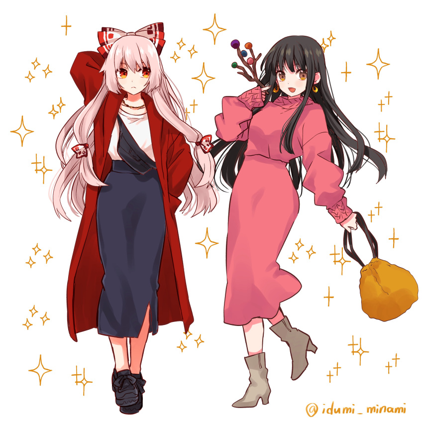 2girls absurdres alternate_costume arm_up artist_name bag bangs black_bow black_footwear black_hair blue_skirt boots bow breasts brown_eyes closed_mouth collar collared_jacket dress earrings eyebrows_visible_through_hair fujiwara_no_mokou full_body grey_footwear hair_between_eyes hair_bow hand_up highres houraisan_kaguya izumi_minami jacket jewelry long_hair long_sleeves looking_at_another looking_at_viewer medium_breasts multicolored_bow multiple_girls necklace open_mouth pink_dress pink_hair puffy_long_sleeves puffy_sleeves red_bow red_eyes red_jacket shirt shoes skirt smile standing star_(symbol) starry_background t-shirt touhou treasure white_background white_bow white_shirt yellow_bag