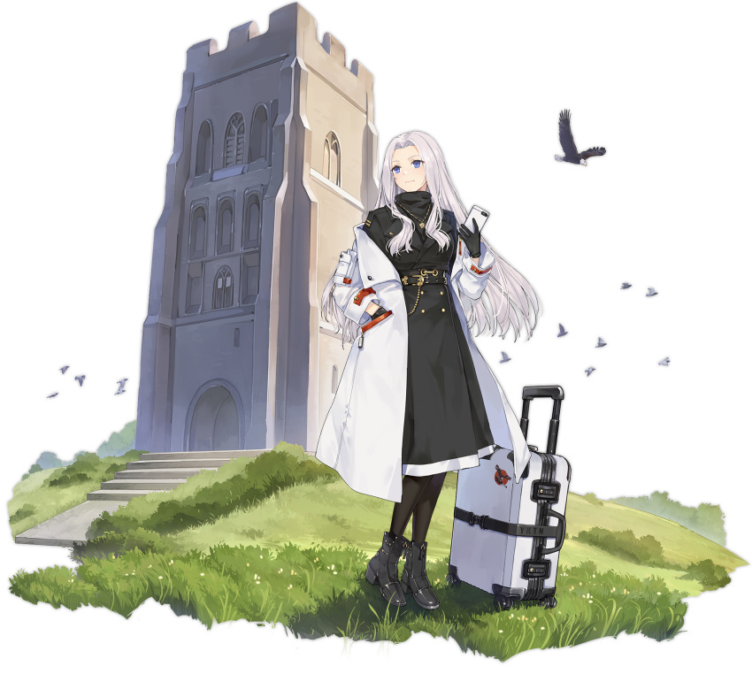 1girl azur_lane bird black_dress black_footwear black_gloves boots cellphone closed_eyes coat dress eagle gloves hair_intakes hand_in_pocket hao_(patinnko) highres holding holding_phone light_blue_eyes long_hair long_sleeves looking_at_viewer luggage official_alternate_costume official_art open_mouth phone rolling_suitcase silver_hair smartphone smile solo suitcase transparent_background white_coat yorktown_(azur_lane) yorktown_(saintly_wings)_(azur_lane)