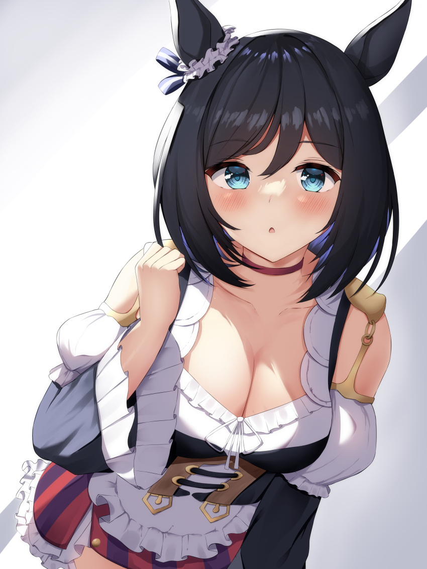 1girl :o absurdres animal_ears apron bare_shoulders black_hair blouse blue_eyes blue_hair blush bob_cut bodice breasts choker cleavage collarbone colored_inner_hair colored_stripes corset cowboy_shot ear_ornament eishin_flash_(umamusume) firin frilled_apron frilled_skirt frilled_sleeves frills hand_up highres horse_ears large_breasts leaning_forward long_sleeves looking_at_viewer multicolored_hair open_mouth red_choker skirt solo striped striped_skirt two-tone_background two-tone_hair umamusume vertical-striped_skirt vertical_stripes waist_apron white_apron white_blouse