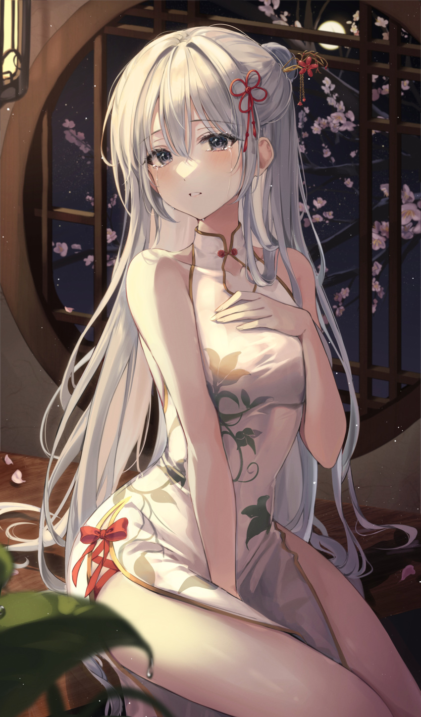 1girl absurdres bare_arms bare_shoulders between_legs blush bow branch breasts cherry_blossoms china_dress chinese_clothes crying crying_with_eyes_open dress ekina_(1217) floral_print flower flower_knot grey_eyes hair_bun hair_flower hair_ornament hair_ribbon halterneck hand_on_own_chest highres indoors lattice leaf long_hair looking_at_viewer medium_breasts no_panties original parted_lips pelvic_curtain petals red_bow red_ribbon ribbon round_window side_slit silver_hair sitting sleeveless sleeveless_dress solo taut_clothes taut_dress tears thighs tree very_long_hair white_dress window