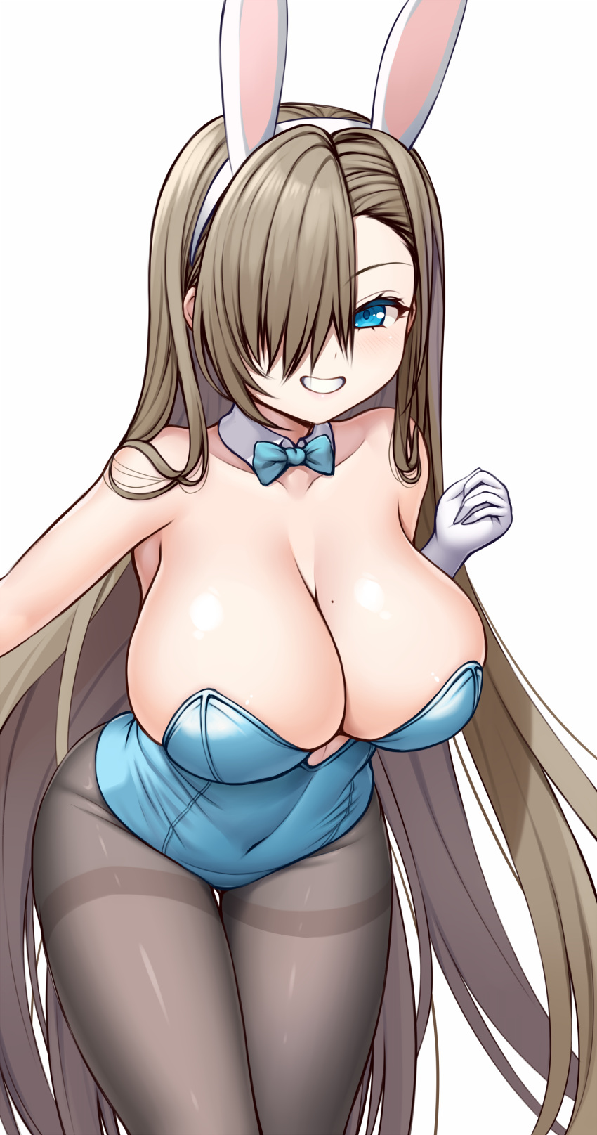 1girl absurdres animal_ears asamura_hiori asuna_(blue_archive) bangs bare_shoulders blue_archive blue_eyes blue_leotard blush bow bowtie breasts brown_legwear cleavage commentary_request detached_collar elbow_gloves fake_animal_ears gloves grin hair_over_one_eye halo highleg highleg_leotard highres large_breasts leotard light_brown_hair long_hair looking_at_viewer mole mole_on_breast pantyhose playboy_bunny rabbit_ears smile solo strapless strapless_leotard white_gloves