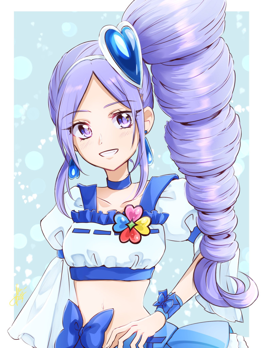 1girl aono_miki blue_choker blue_ribbon blue_skirt blush choker commentary_request cure_berry drill_hair earrings eyelashes fpminnie1 fresh_precure! frilled_skirt frills hair_ornament hairband happy heart heart_hair_ornament high_ponytail highres jewelry layered_skirt long_hair looking_at_viewer magical_girl midriff miniskirt navel precure puffy_sleeves purple_eyes purple_hair ribbon shiny shiny_hair short_sleeves side_ponytail skirt smile solo wrist_cuffs