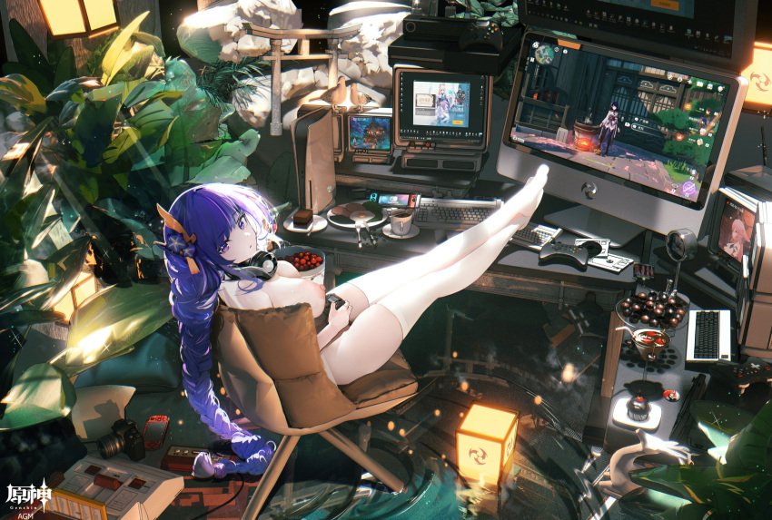1girl braid breasts cake camera chair cherry chocolate cocktail_glass controller cup drinking_glass famicom famicom_cartridge famicom_gamepad floppy_disk food fork fried_egg fruit game_console game_controller genshin_impact hair_ornament handheld_game_console headphones headphones_around_neck highres keyboard_(computer) knife lantern long_hair looking_at_viewer monitor muffin nintendo_switch omone_hokoma_agm plant plate playstation_5 playstation_vita potted_plant purple_eyes purple_hair raiden_shogun ripples saucer sitting solo spoon strawberry thighhighs torii very_long_hair white_legwear