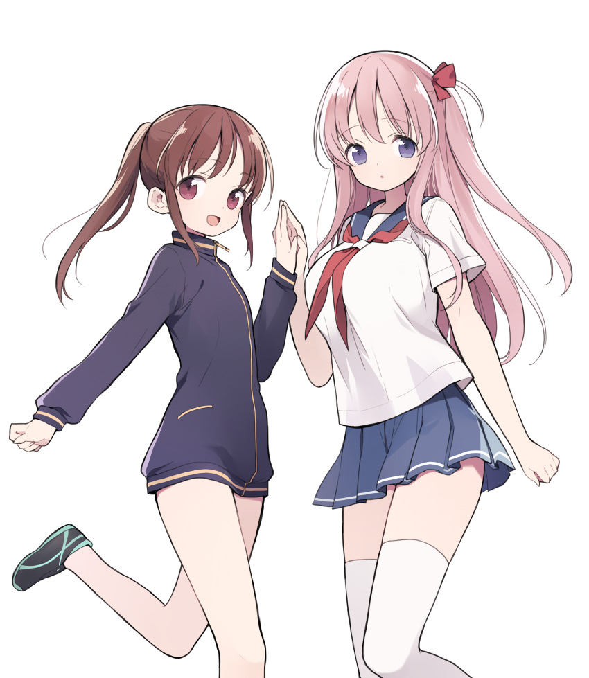 2girls :d :o absurdres bangs black_footwear black_jacket blue_sailor_collar blue_skirt breasts brown_eyes brown_hair commentary_request eyebrows_visible_through_hair haramura_nodoka highres holding_hands itsumi_(itumiyuo) jacket long_hair long_sleeves medium_breasts multiple_girls neckerchief one_side_up open_mouth palms_together parted_lips pink_hair pleated_skirt ponytail purple_eyes red_neckerchief sailor_collar saki saki_achiga-hen school_uniform serafuku shirt shoes short_sleeves simple_background skirt smile takakamo_shizuno track_jacket very_long_hair white_background white_shirt