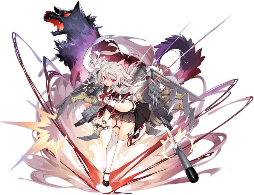 1girl animal_ears azur_lane black_sailor_collar black_skirt braid crop_top highres long_hair looking_at_viewer midriff miniskirt neck_ribbon official_art open_mouth pleated_skirt red_eyes red_neckwear red_ribbon retrofit_(azur_lane) ribbon rigging sailor_collar saru school_uniform serafuku side_braid silver_hair skirt smokestack solo thighhighs torpedo torpedo_tubes transparent_background white_legwear wolf_ears wolf_girl yuudachi_(azur_lane)