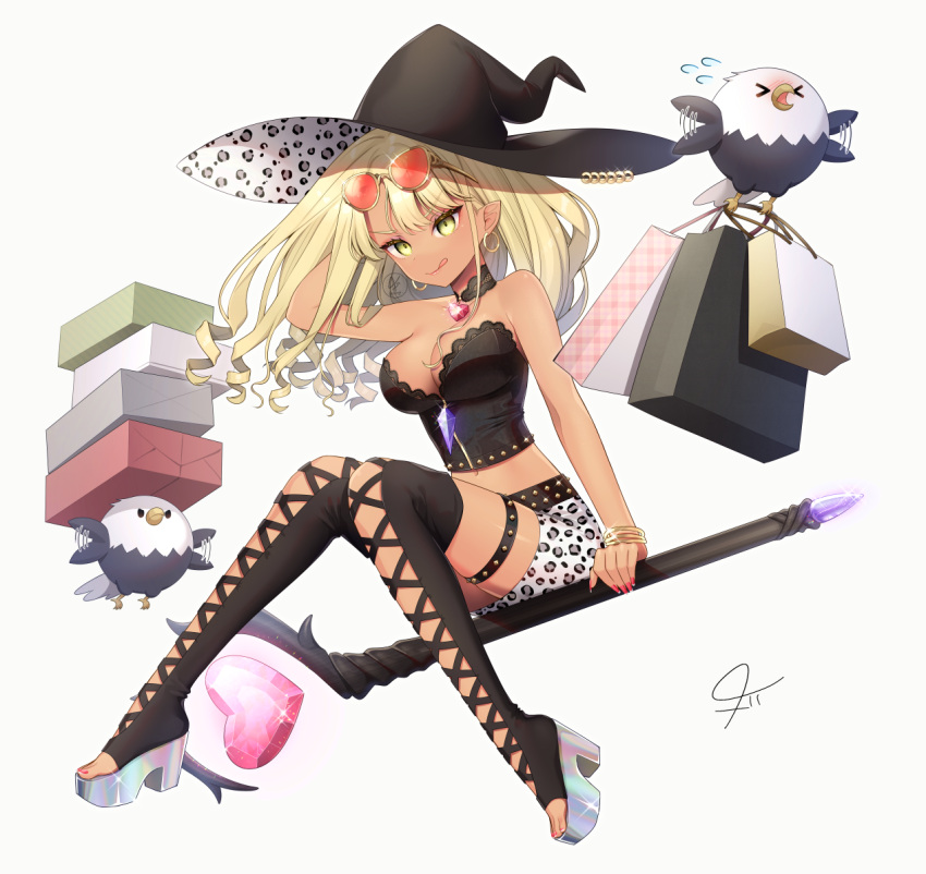 1girl :q bird black_headwear blonde_hair bracelet breasts brown_legwear cleavage dark-skinned_female dark_skin earrings eyewear_on_head fingernails flying glint grey_skirt hat hat_ring heart-shaped_gem heart_wand hoop_earrings jewelry konogi_nogi large_breasts long_hair looking_at_viewer midriff miniskirt nail_polish navel original platform_boots platform_footwear platform_heels pointy_ears red-tinted_eyewear red_nails signature simple_background skirt smile solo strapless sunglasses thigh_strap thighhighs tinted_eyewear tongue tongue_out tube_top white_background witch witch_hat yellow-framed_eyewear yellow_eyes