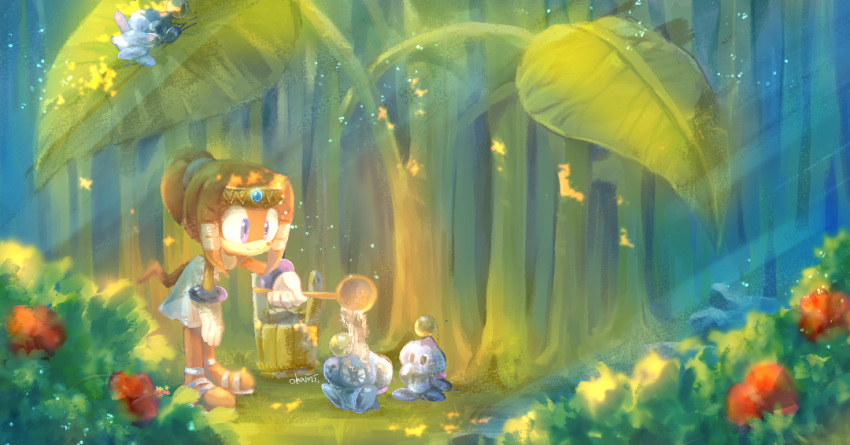 1girl blue_eyes bracelet bush chao_(sonic) dress flower furry furry_female giant_leaf gloves jewelry leaf nature plant smile sonic_(series) sonic_adventure standing tikal_the_echidna tondamanuke washing_another white_dress white_gloves