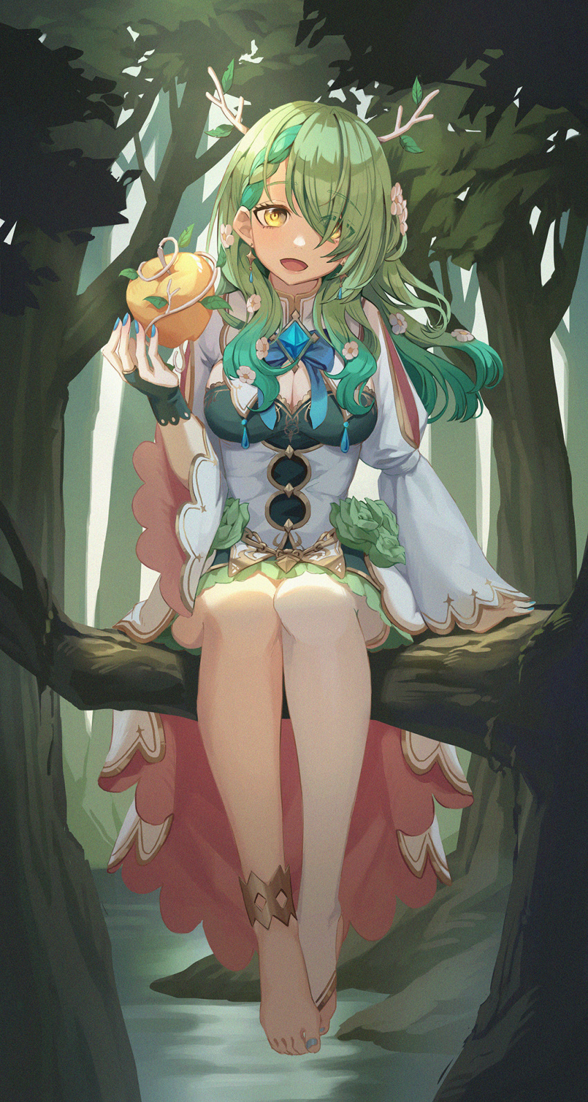 1girl :d anklet antlers apple bangs barefoot branch breasts ceres_fauna cleavage cleavage_cutout clothing_cutout earrings flower food forest fruit golden_apple green_hair hair_flower hair_ornament highres hololive hololive_english icewind0223 jewelry large_breasts leaf long_hair looking_at_viewer nature open_mouth outdoors single_thighhigh sitting_on_branch smile solo thighhighs toeless_legwear tree virtual_youtuber water