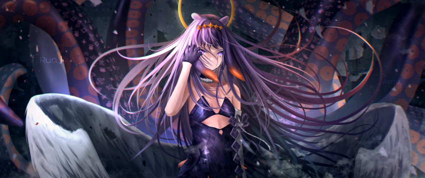 1girl absurdres animal_ears arm_at_side artist_name bangs bare_shoulders black_gloves blood blood_from_eyes character_name clothing_cutout cutout_above_navel dress feathered_wings flat_chest floating_hair flower_knot gloves gradient_hair halo hand_up highres hololive hololive_english kayjae long_hair looking_at_viewer low_wings multicolored_hair ninomae_ina'nis pointy_ears purple_dress purple_eyes purple_hair shiny shiny_clothes shiny_hair solo standing tears tentacle_hair tentacles very_long_hair virtual_youtuber watermark wings
