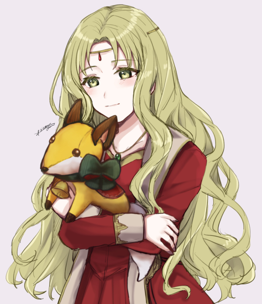 1girl blonde_hair circlet closed_mouth dress fire_emblem fire_emblem:_the_binding_blade green_eyes grey_background guinevere_(fire_emblem) highres holding jewelry long_hair long_sleeves misato_hao necklace red_dress shiny shiny_hair signature simple_background sketch solo standing stuffed_animal stuffed_fox stuffed_toy very_long_hair