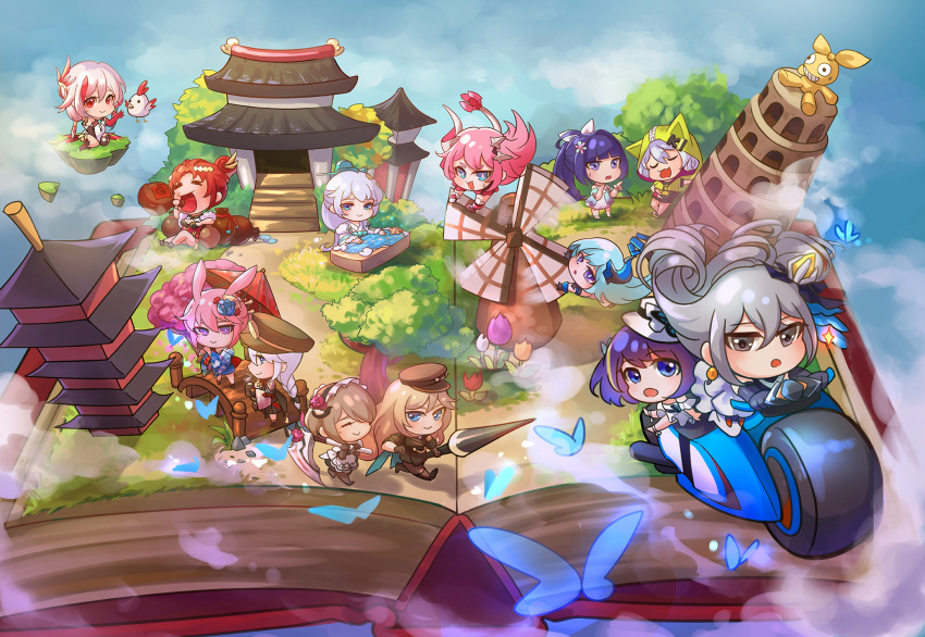 6+girls :o animal_ears animal_hood architecture asiya_(joey26504) bangs bianka_durandal_ataegina bianka_durandal_ataegina_(valkyrie_gloria) bird blue_butterfly blue_kimono book bronya_zaychik bronya_zaychik_(herrscher_of_reason) bug butterfly cat_hood chibi chicken china_dress chinese_clothes closed_eyes closed_mouth cloud dress east_asian_architecture everyone floating fox_ears fu_hua fu_hua_(phoenix) full_body gourd ground_vehicle hair_between_eyes hair_ornament hair_ribbon hat highres holding holding_polearm holding_umbrella holding_weapon homu homu_(honkai_impact) honkai_(series) honkai_impact_3rd hood horns japanese_clothes kallen_kaslana kallen_kaslana_(sixth_serenade) kiana_kaslana kiana_kaslana_(knight_moonbeam) kimono leaning_tower_of_pisa liliya_olenyeva long_hair looking_at_viewer maid maid_headdress military military_hat military_uniform motor_vehicle motorcycle multiple_girls multiple_riders murata_himeko murata_himeko_(vermillion_knight) oil-paper_umbrella open_mouth polearm ponytail raiden_mei raiden_mei_(valkyrie_bladestrike) ribbon riding rita_rossweisse rita_rossweisse_(umbral_rose) rozaliya_olenyeva scythe seele_vollerei seele_vollerei_(swallowtail_phantasm) short_hair siblings single_horn smile tail theresa_apocalypse theresa_apocalypse_(starlit_astrologos) tree twins umbrella uniform weapon white_hair windmill yae_sakura yae_sakura_(goushinnso_memento) zhuge_kongming_(honkai_impact)